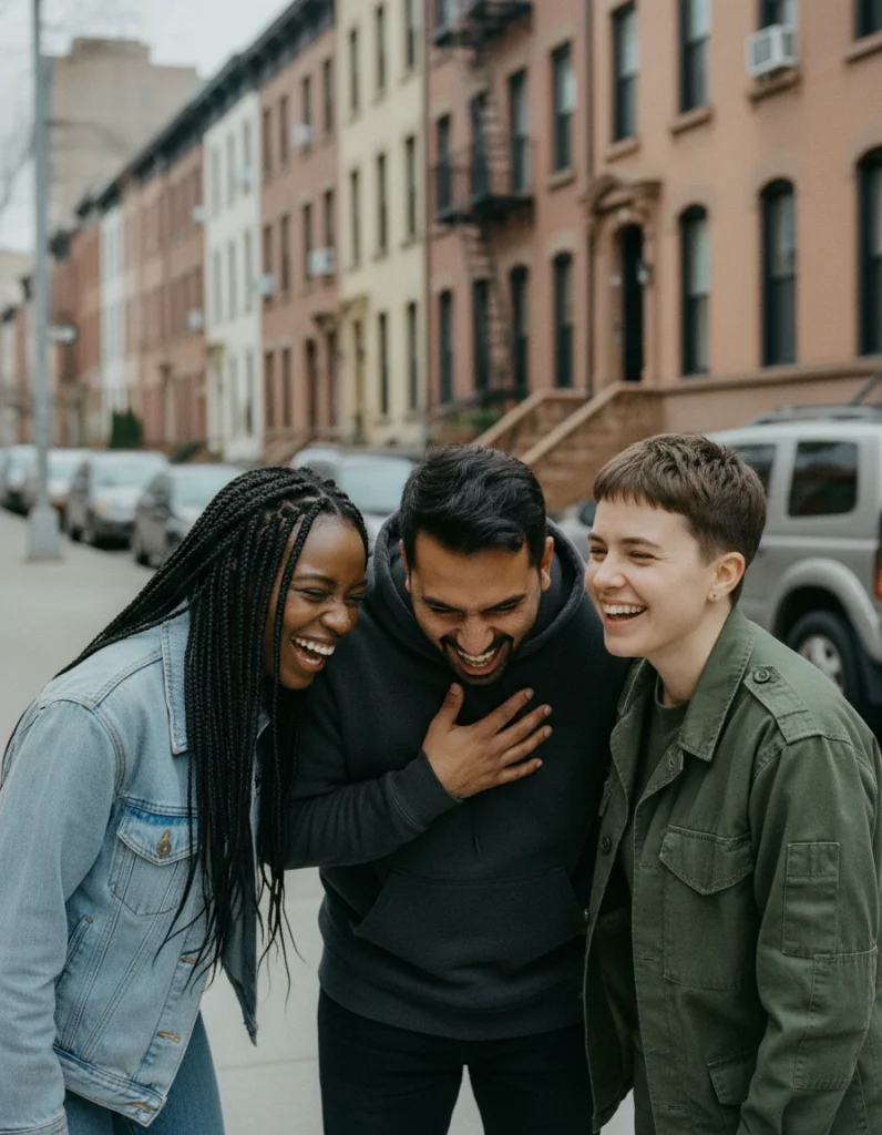 A Black woman, a man, and a person with short hair share hearty laughter on a city street with brownstone buildings.