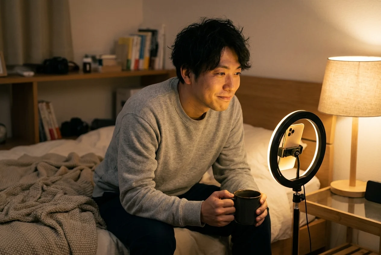 Un hombre asiático contento sosteniendo una taza mientras está sentado en su cama, mirando su celular iluminado por un aro de luz en su acogedor cuarto.