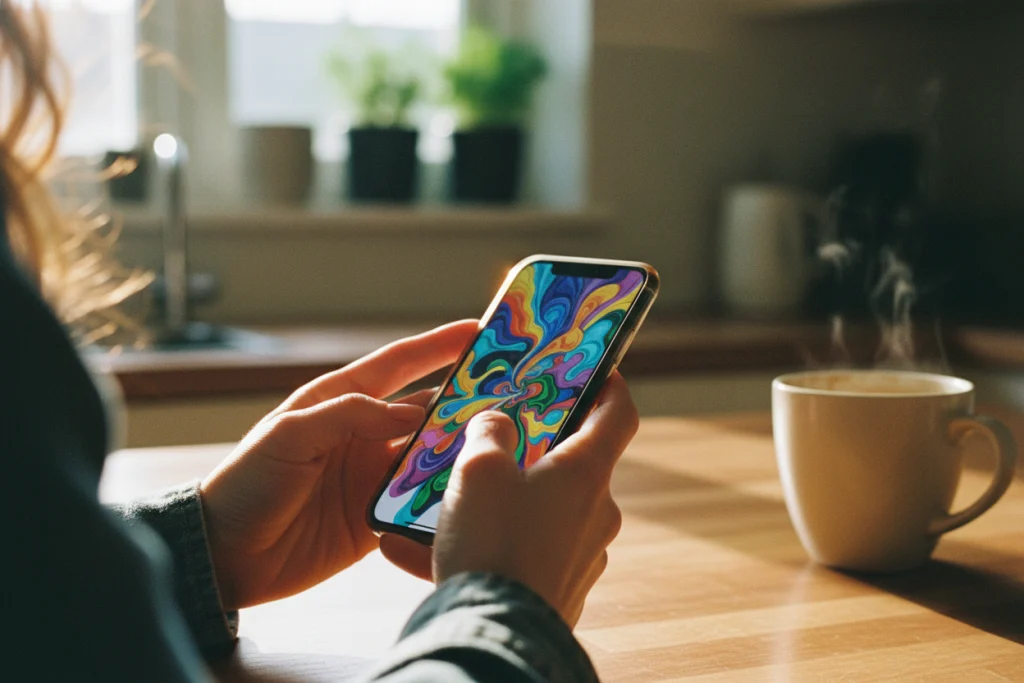 Hands touch a smartphone showing colorful swirls, beside a steaming coffee cup in a peaceful, sunlit room.