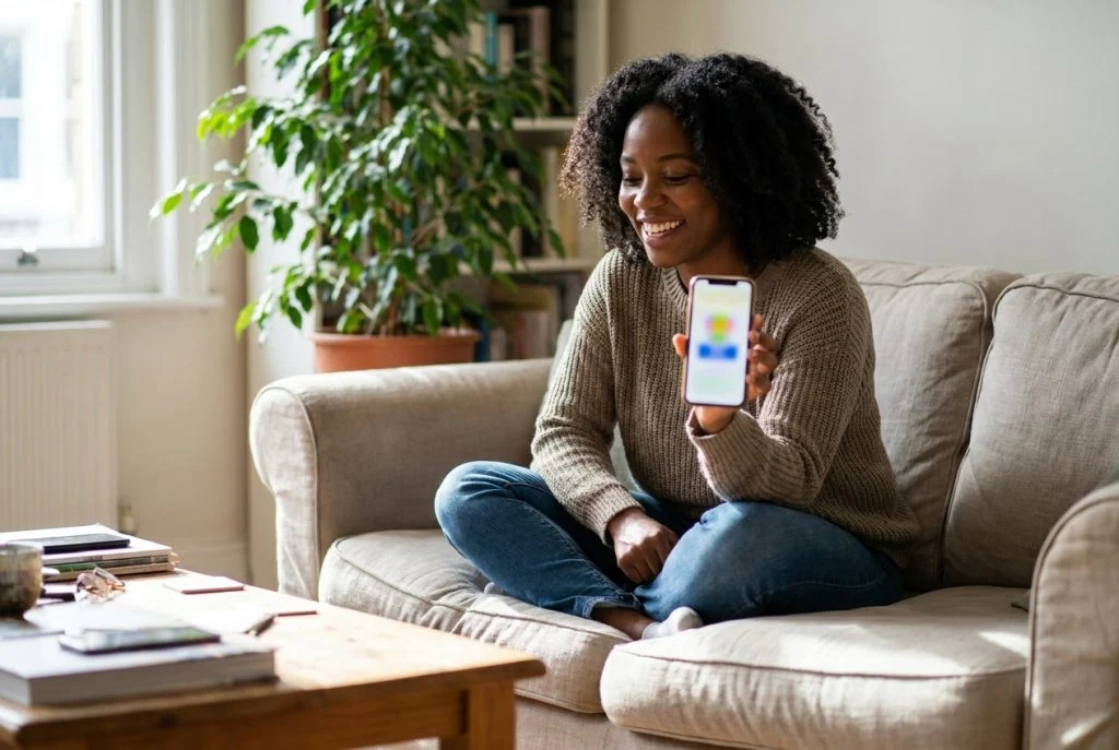 A joyful Black woman with curly hair sits on a couch, smiling widely and holding up a smartphone showing a colorful app.
