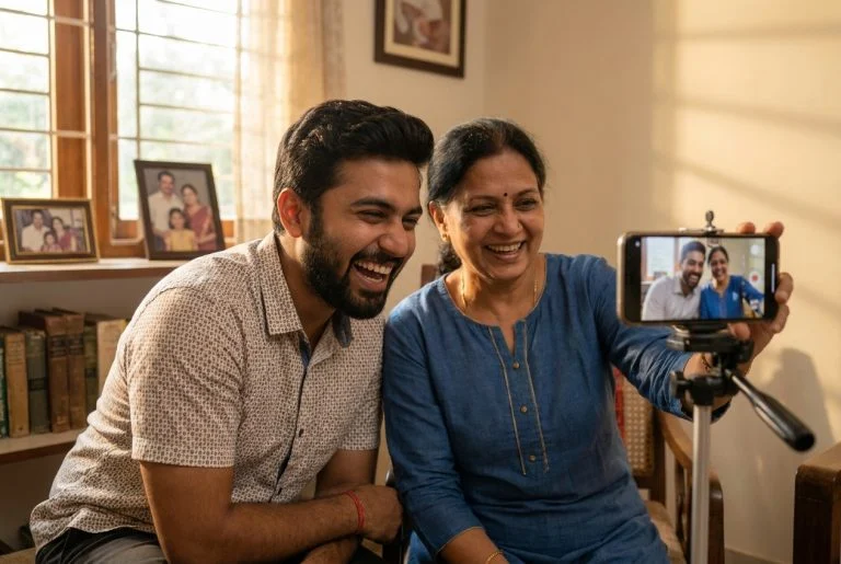 A laughing young South Asian man and an older South Asian woman record a happy selfie video on a smartphone in a warm, sunlit room.