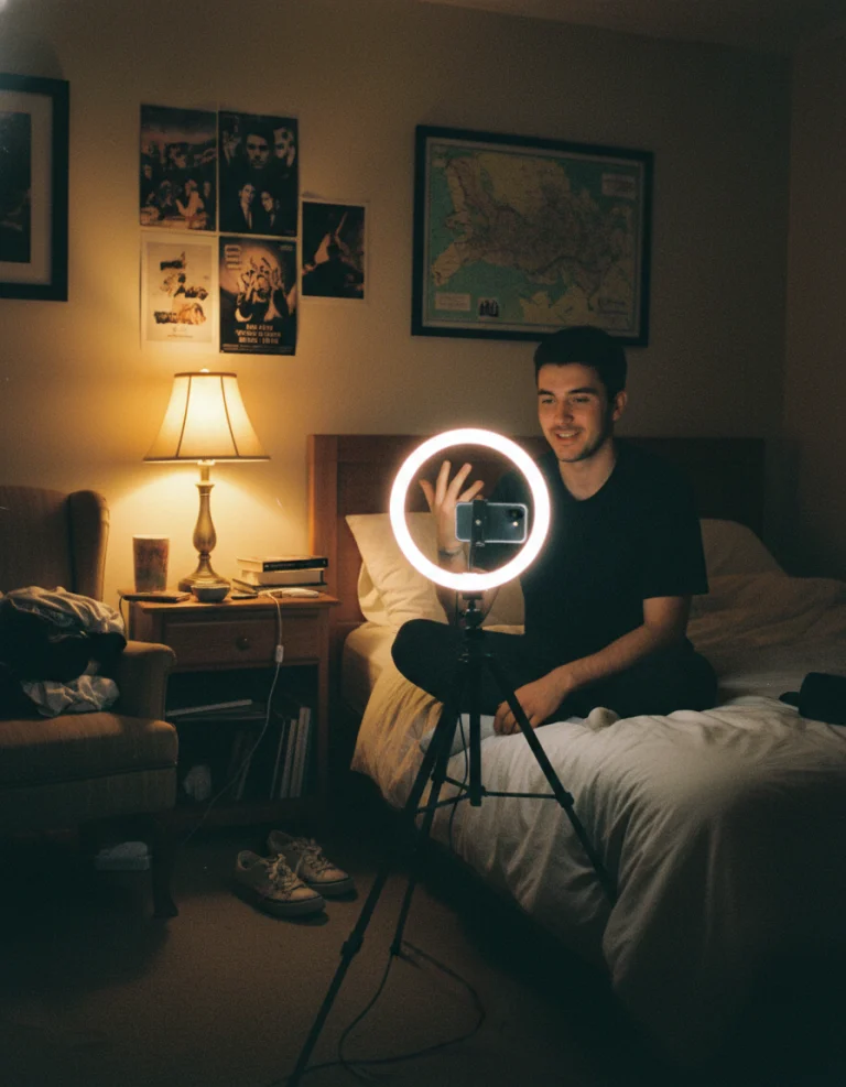 A smiling young white man sits on his bed, illuminated by a ring light as he records a video in his cozy, dimly lit bedroom.
