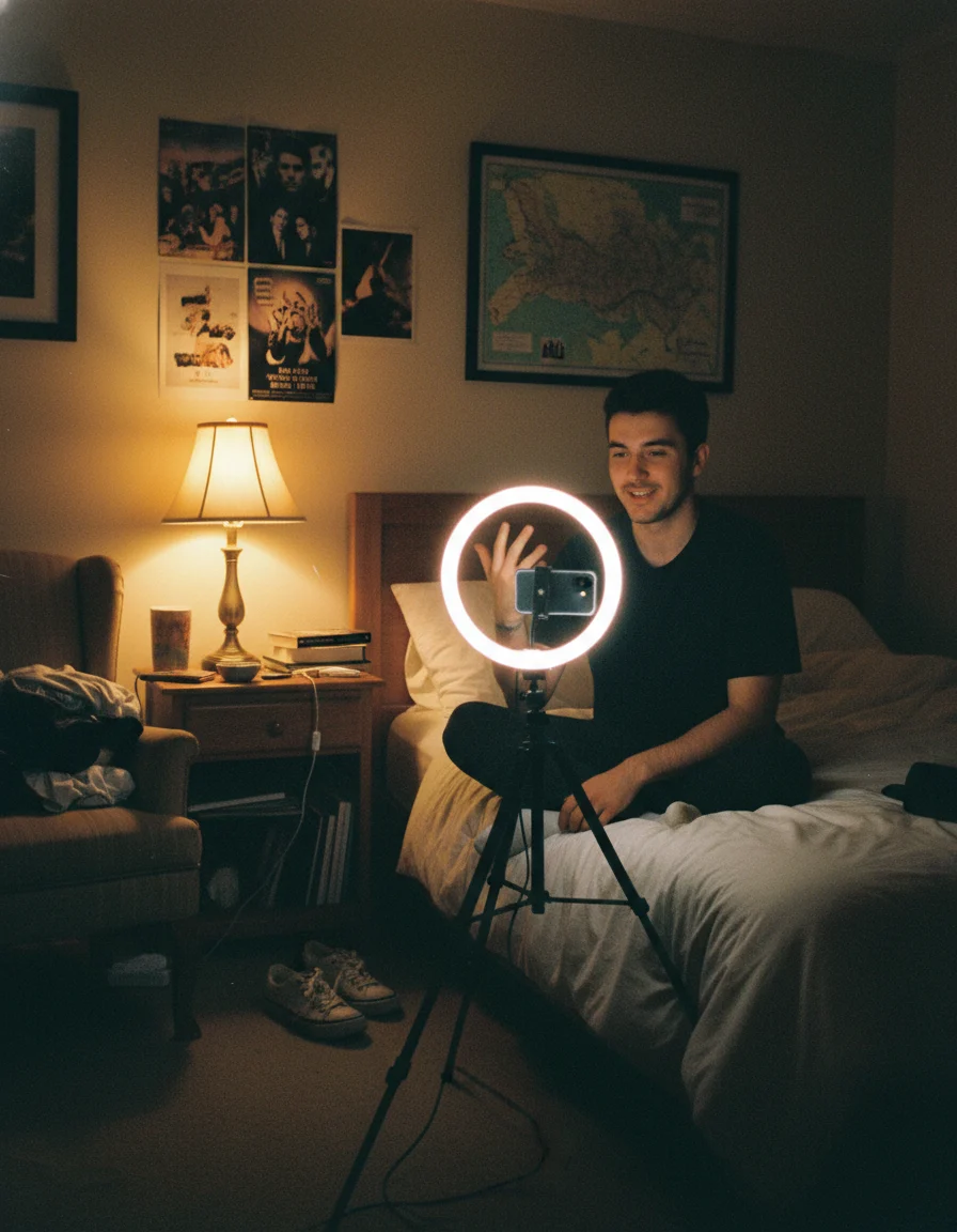 A smiling young white man sits on his bed, illuminated by a ring light as he records a video in his cozy, dimly lit bedroom.