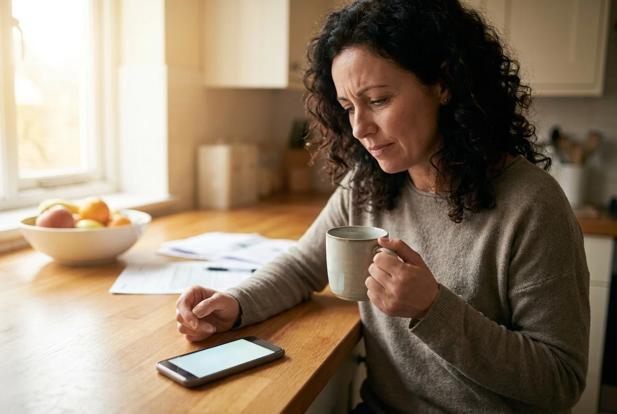 A woman with dark curly hair sits at a kitchen table, looking pensively at her phone while holding a mug.