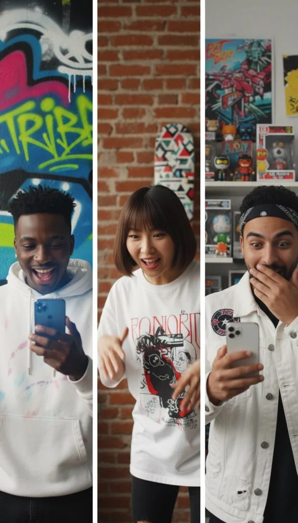 A Black man, an Asian woman, and a man in a bandana react with joy and surprise to their phones in urban settings.