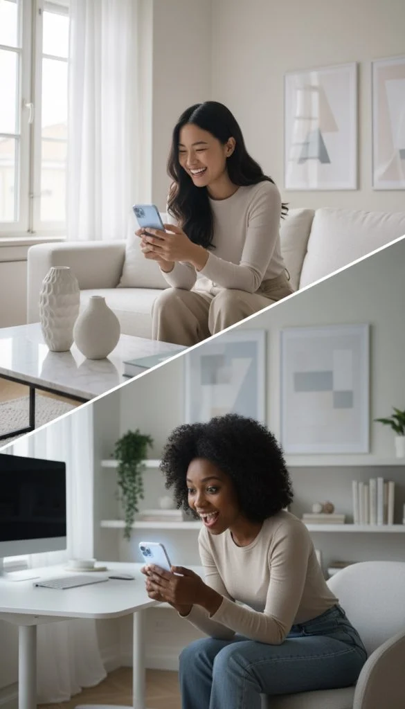 A joyful Asian woman on a sofa and an excited Black woman at a desk both react to their glowing phones.
