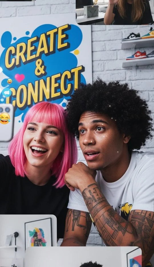 A joyful woman with pink hair takes a selfie with a surprised Black man, against a "CREATE & CONNECT" wall.