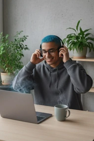 A smiling young Hispanic man with blue hair and glasses adjusts headphones at a desk with a laptop and a steaming mug.