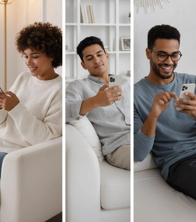 Three young people—a Black woman, a man, and a Black man—happily use their smartphones while relaxing on couches in bright home settings.