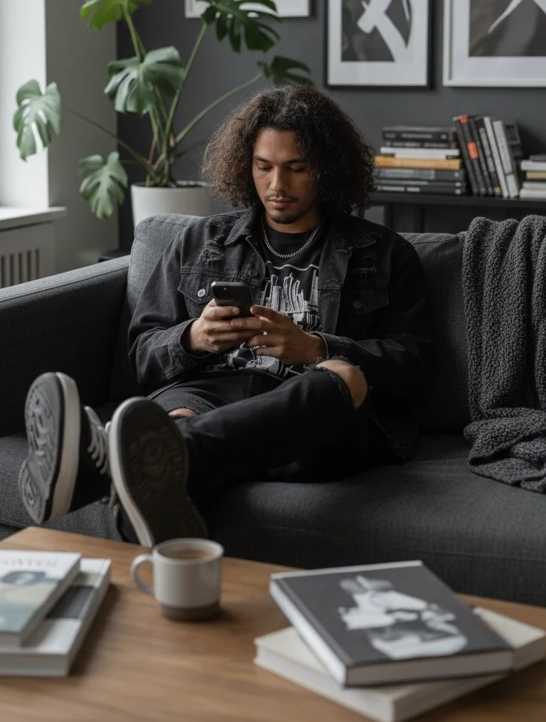A young brown-skinned man with long curly hair intently uses his phone on a cozy gray couch in a modern room.