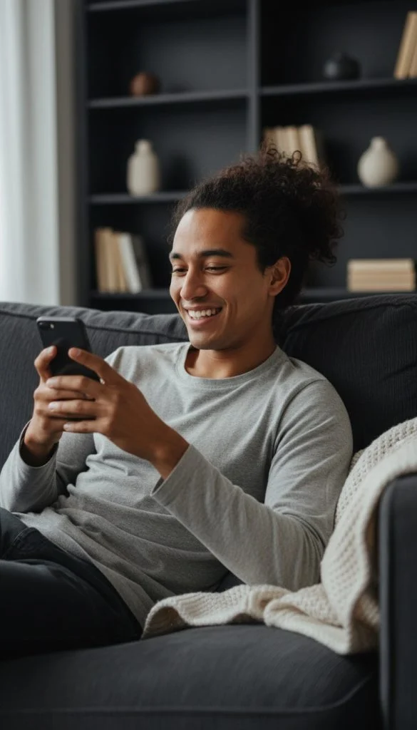 A young man with a medium-brown complexion and dark curly hair smiles brightly while looking at his phone, relaxing on a grey sofa.