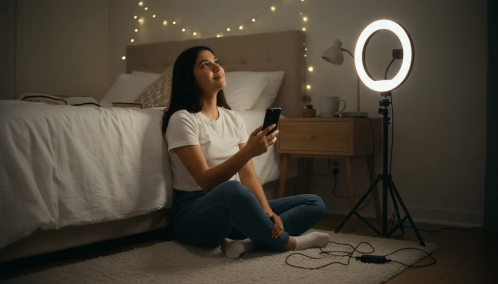 A young woman sits on a rug, looking dreamily at fairy lights, holding her phone in a cozy bedroom with a bright ring light.