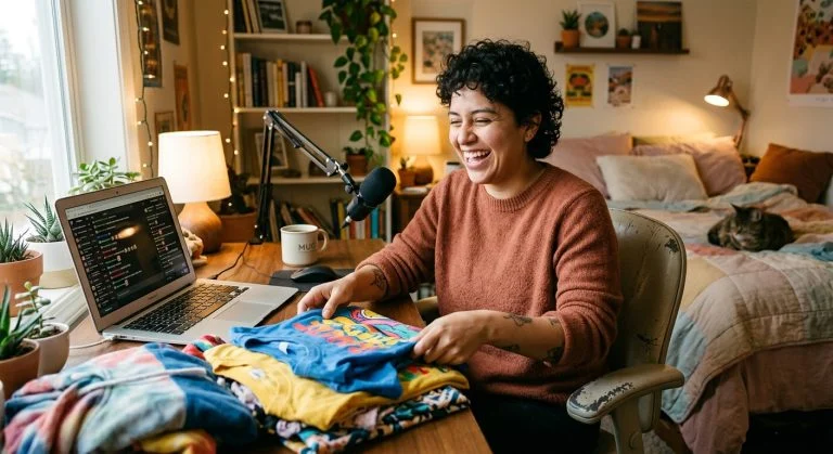 Smiling young woman with dark curly hair holds a graphic t-shirt at her desk with a laptop, microphone, and a sleeping cat in her cozy home.