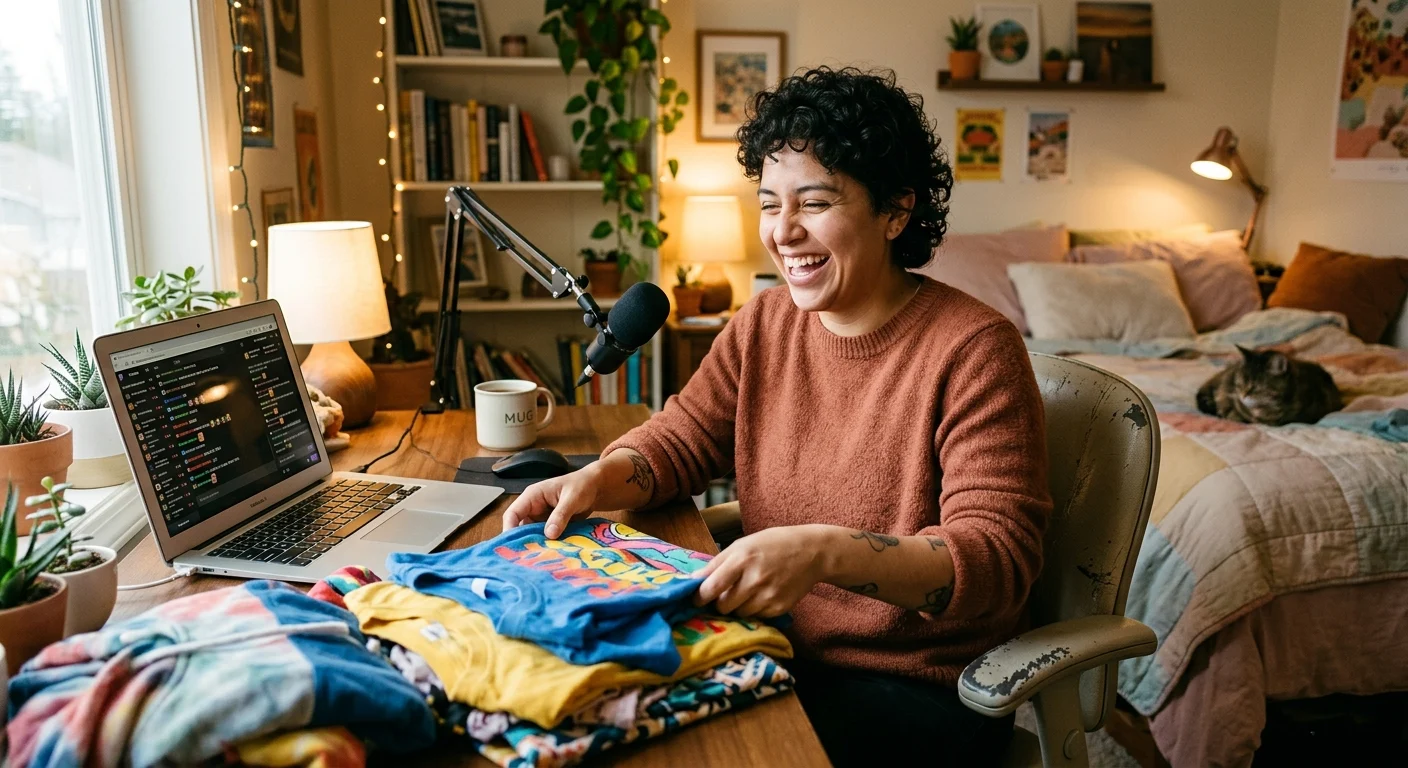 Smiling young woman with dark curly hair holds a graphic t-shirt at her desk with a laptop, microphone, and a sleeping cat in her cozy home.