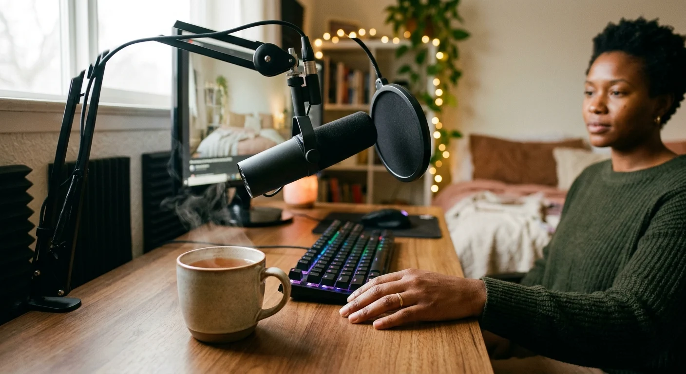 A Black woman in a green sweater works at a wooden desk with a podcast microphone, steaming mug, and glowing keyboard in a cozy, plant-filled room.