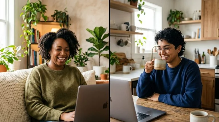 Una mujer negra en un sofá y una mujer del sur de Asia en una cocina, conversando alegremente por videollamada en sus laptops.