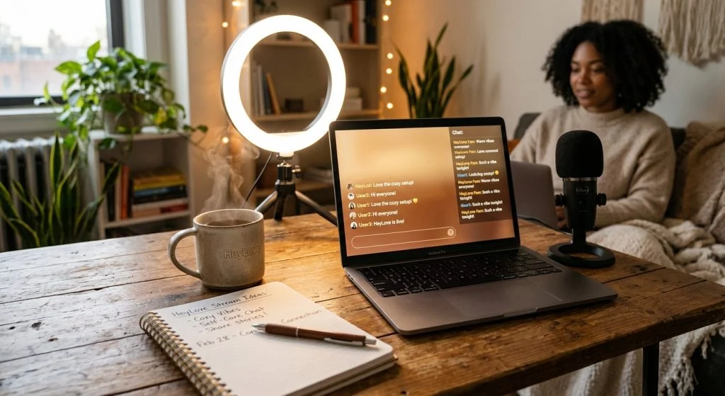 A Black woman streams from a cozy home setup, with a laptop showing a chat, a microphone, and a ring light on a rustic wooden desk.