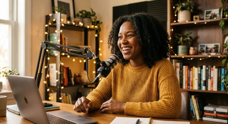 Una mujer negra con cabello rizado se ríe frente a un micrófono de podcast en un acogedor estudio en casa con guirnaldas de luces y un librero.
