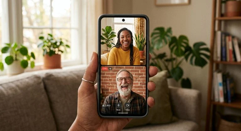 A hand holds a smartphone displaying a joyful video call between a laughing Black woman and an older white man, in a cozy indoor setting with plants.