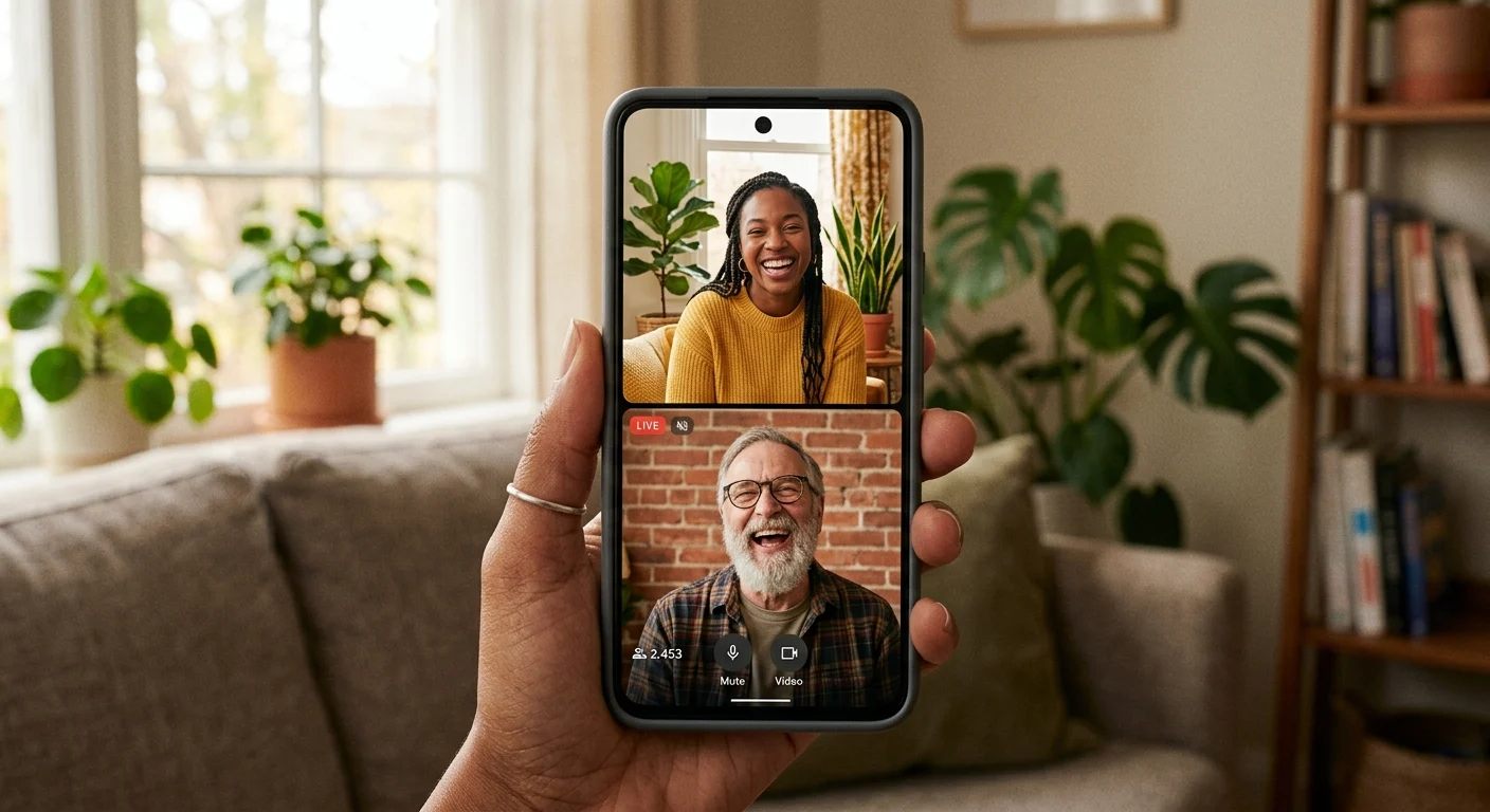 A hand holds a smartphone displaying a joyful video call between a laughing Black woman and an older white man, in a cozy indoor setting with plants.
