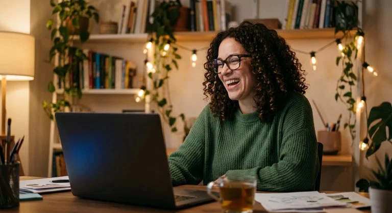 A happy woman with curly brown hair and glasses laughs while looking at a laptop in a cozy, plant-filled home office.