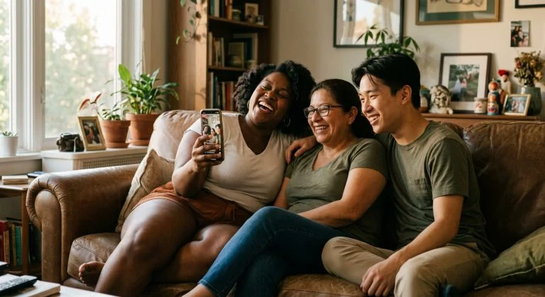 A joyful Black woman, a Latina woman, and an East Asian man laugh together watching a video on a smartphone on a cozy living room couch.