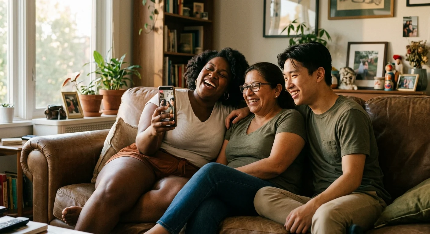 A joyful Black woman, a Latina woman, and an East Asian man laugh together watching a video on a smartphone on a cozy living room couch.