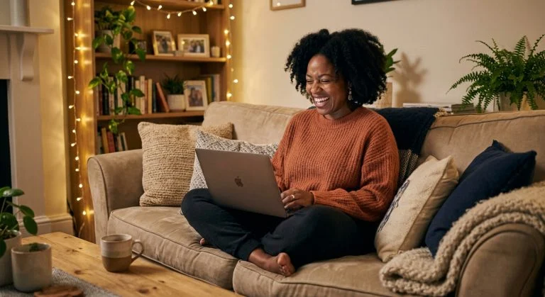 A joyful Black woman with curly hair laughs while sitting cross-legged on a cozy sofa with a laptop in a warmly lit living room.