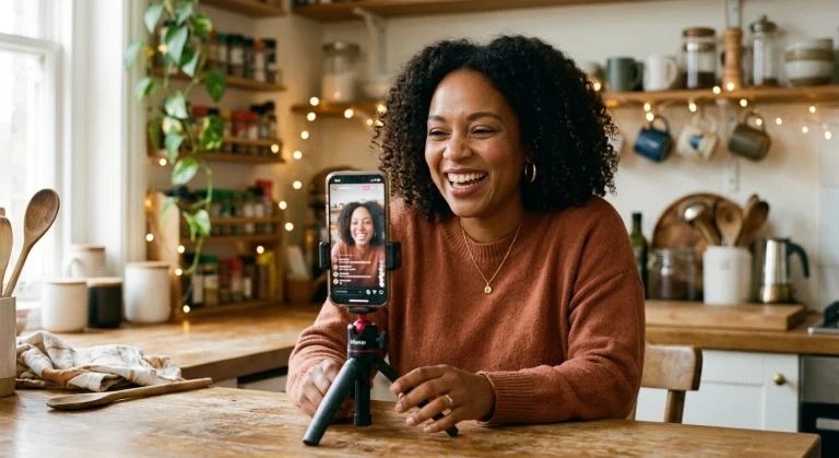 A joyful Black woman with curly hair live streams from her cozy kitchen, smiling widely at the camera on her phone.