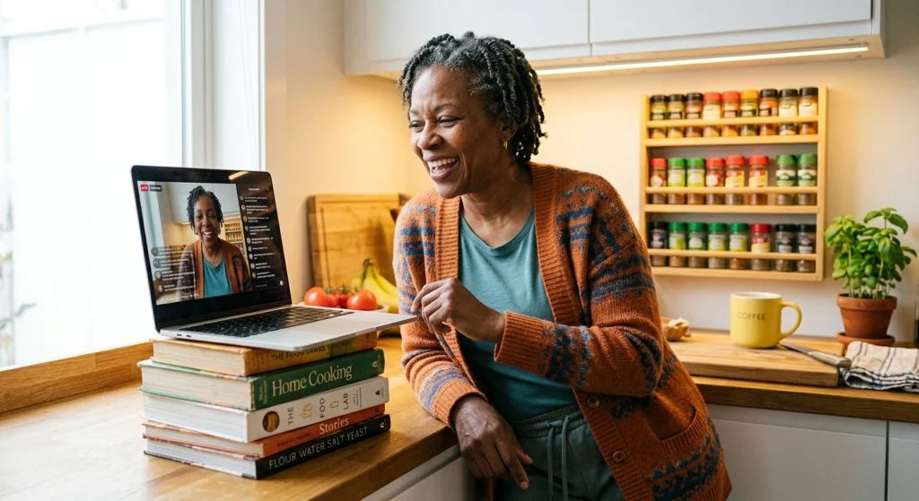 A joyful Black woman with graying twisted hair laughs, leaning on a kitchen counter watching a video call on a laptop.
