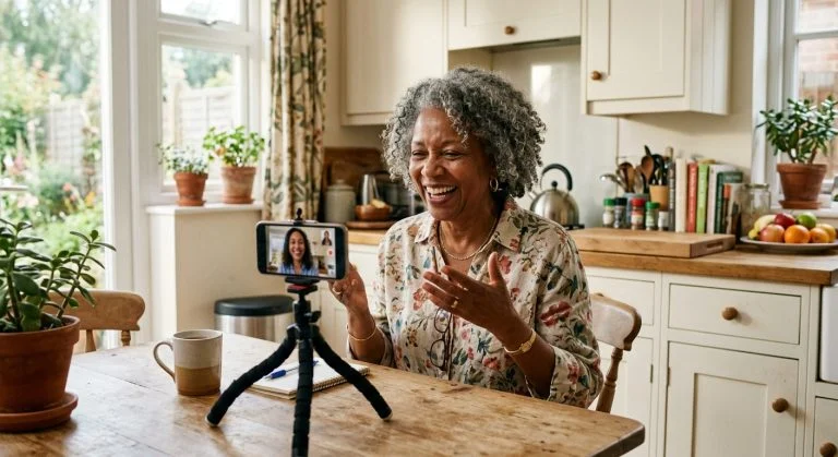 A joyful older Black woman with grey curly hair smiles and gestures during a video call on her phone in a bright kitchen.