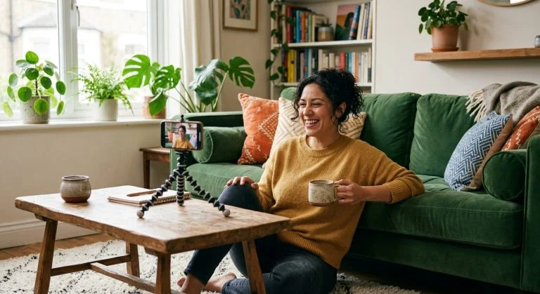 A joyful woman with dark curly hair laughs, holding a mug while looking at a smartphone on a tripod in a cozy, plant-filled living room.