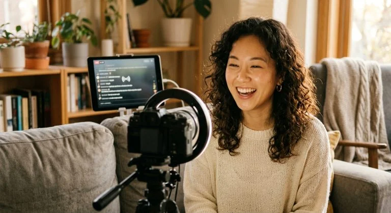 A joyful young East Asian woman with curly hair laughs at a camera with a ring light, live streaming in a cozy living room.