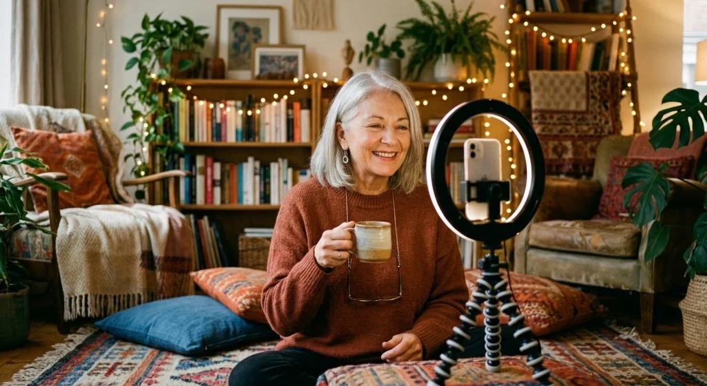 An older woman with gray hair smiles while holding a mug and filming herself with a phone on a ring light in a cozy, warmly lit living room.