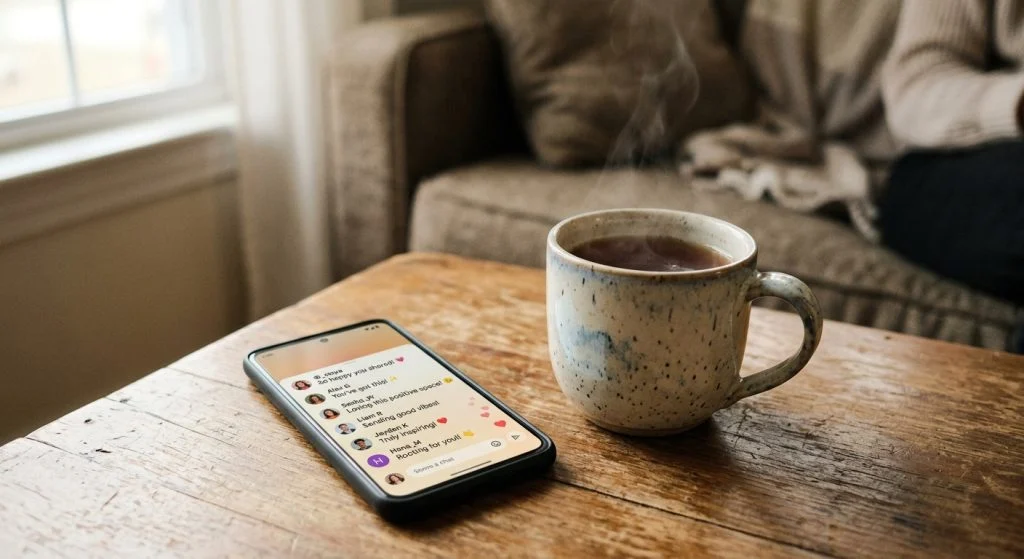 A smartphone displaying a chat with positive messages and a steaming mug of tea sit on a rustic wooden table, with a person relaxing on a sofa in the background.