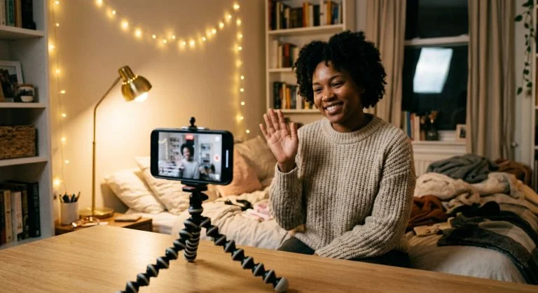 A smiling Black woman in a cozy room with string lights waves into a smartphone on a tripod, appearing to be on a video call or livestream.