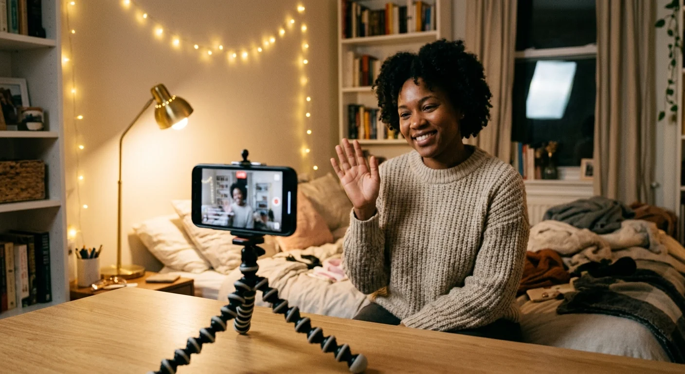 A smiling Black woman in a cozy room with string lights waves into a smartphone on a tripod, appearing to be on a video call or livestream.