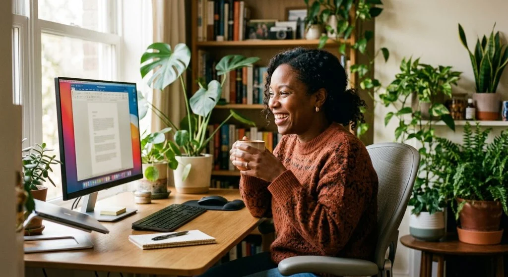 A smiling Black woman in a rust-colored sweater holds a mug at a cozy home office desk with a computer, plants, and bookshelves.