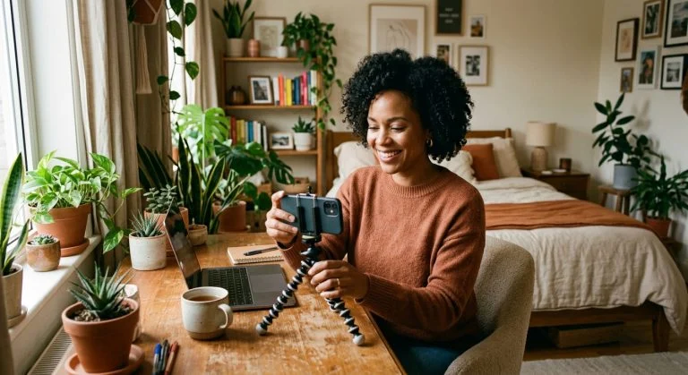 A smiling Black woman with curly hair films a video on her phone at a plant-filled desk in a warm bedroom.
