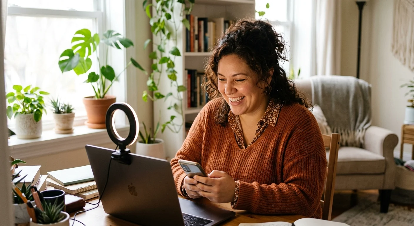 A smiling curly-haired woman in an orange sweater uses her phone and laptop with a ring light at a bright desk filled with plants.