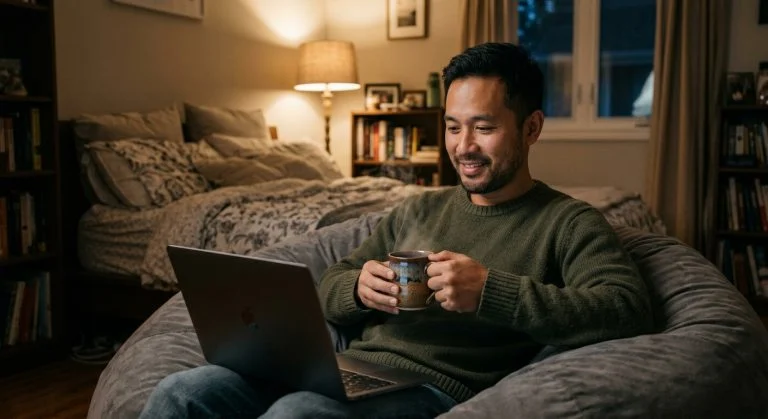 A smiling East Asian man in a green sweater sips from a steaming mug while watching a laptop from a cozy beanbag chair in a warmly lit room.