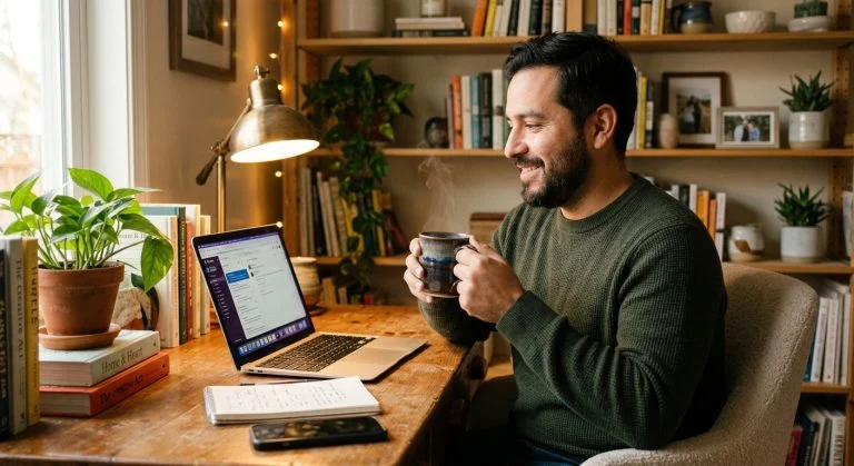 A smiling man with a beard sits at a wooden desk, holding a steaming mug and looking at his laptop in a cozy, plant-filled home office.