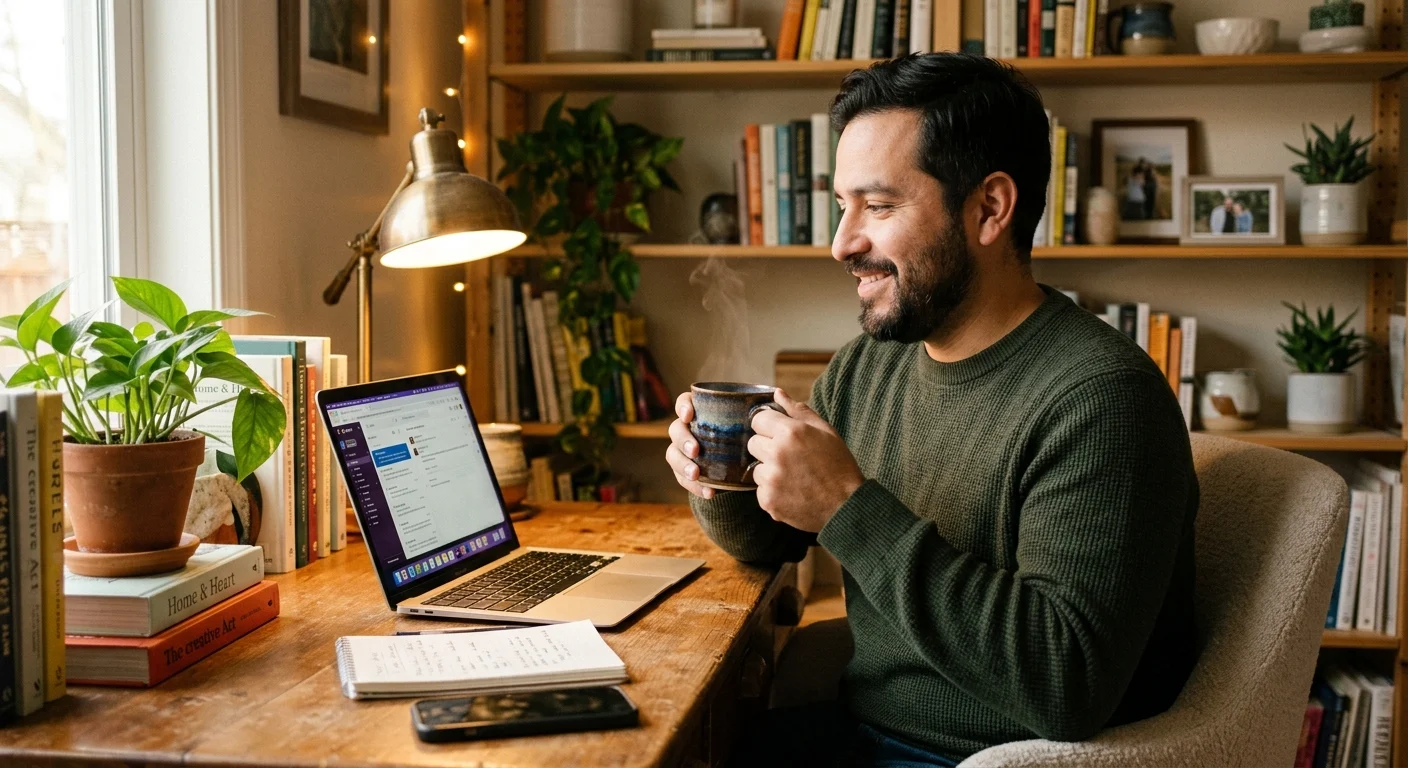 Un hombre sonriente con barba está sentado en un escritorio de madera, sosteniendo una taza humeante y mirando su laptop en una acogedora oficina en casa llena de plantas.