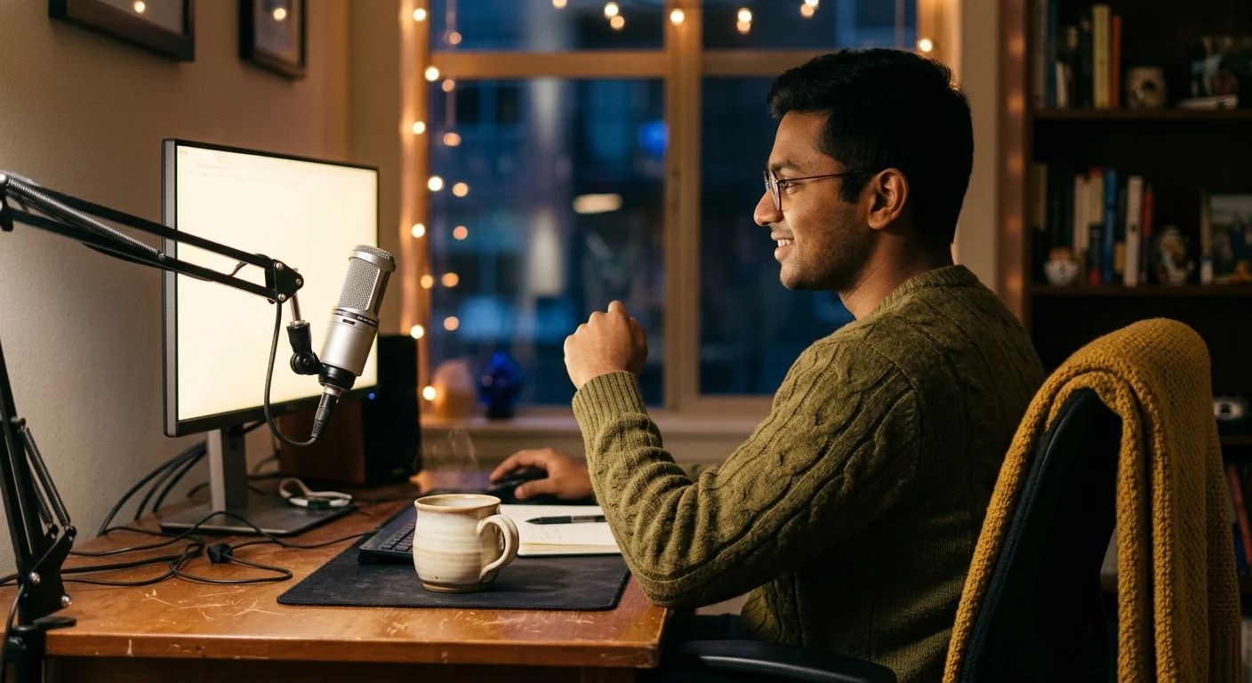Un hombre sonriente del sur de Asia con lentes y un suéter verde graba un podcast en un escritorio muy acogedor, con una taza de café humeante y guirnaldas de luces por la noche.