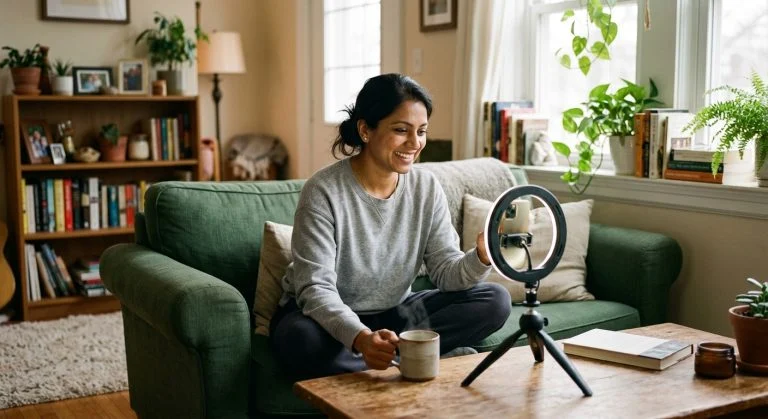 A smiling South Asian woman sits cross-legged on a green couch, holding a mug and looking at her phone mounted on a ring light on a coffee table.