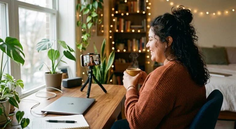 A smiling woman in a cozy home office video calls on her phone while holding a steaming mug, with plants and warm string lights.
