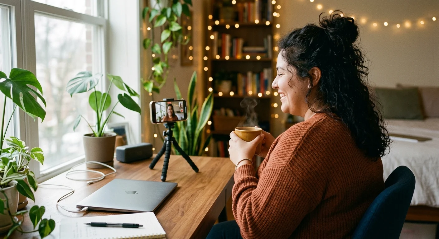 A smiling woman in a cozy home office video calls on her phone while holding a steaming mug, with plants and warm string lights.