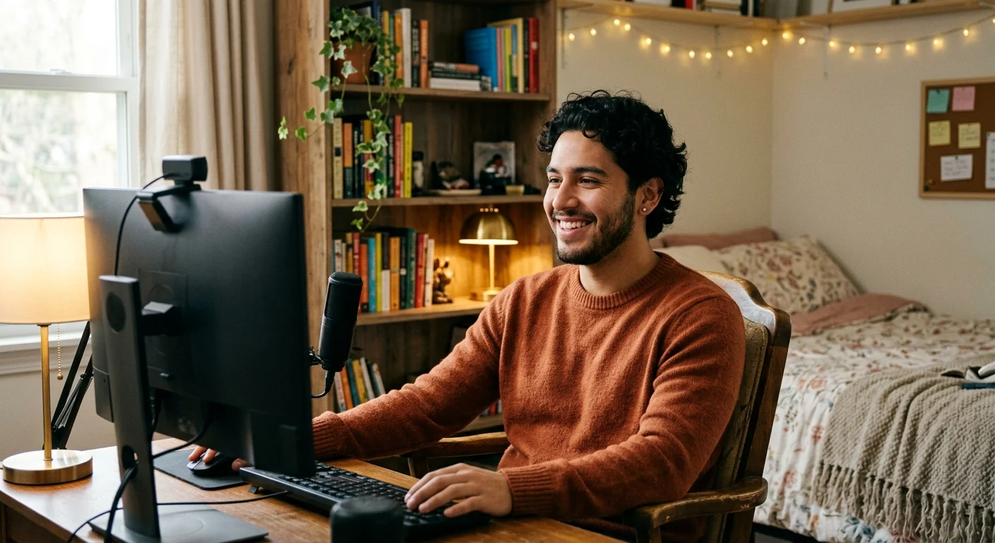 A smiling young man with dark curly hair and a beard uses a computer in a cozy room with a bookshelf and bed.