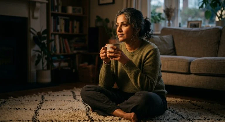 A thoughtful middle-aged Indian woman with graying hair sits barefoot on a cozy rug, holding a mug, in a dimly lit living room.