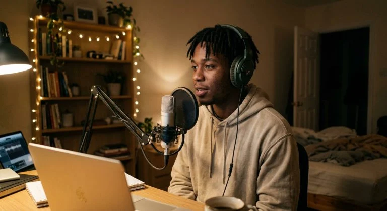 A young Black man with dreadlocks wears headphones, speaking into a podcast microphone at a glowing desk in a cozy, dimly lit room.